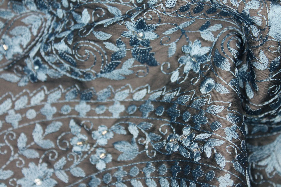 Embroidered Dupion - Blue on Dark Grey fabric, image 8 of 8