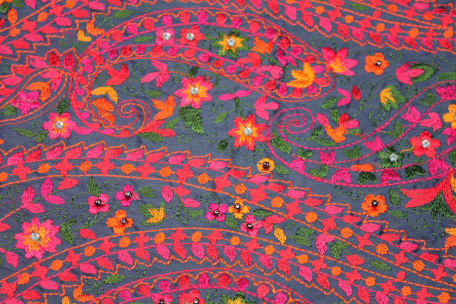 Embroidered Dupion - Multi Coloured on Blue fabric, image 3 of 8