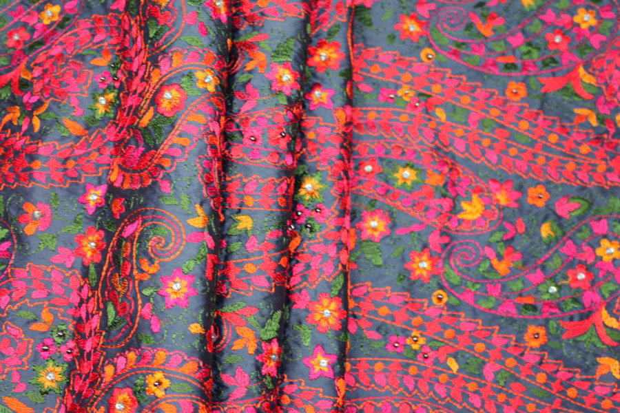 Embroidered Dupion - Multi Coloured on Blue fabric, image 4 of 8