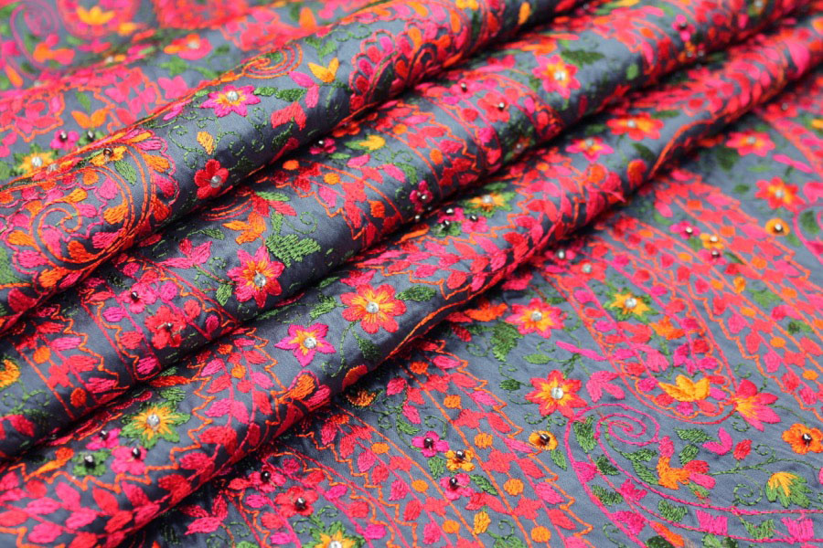 Embroidered Dupion - Multi Coloured on Blue fabric