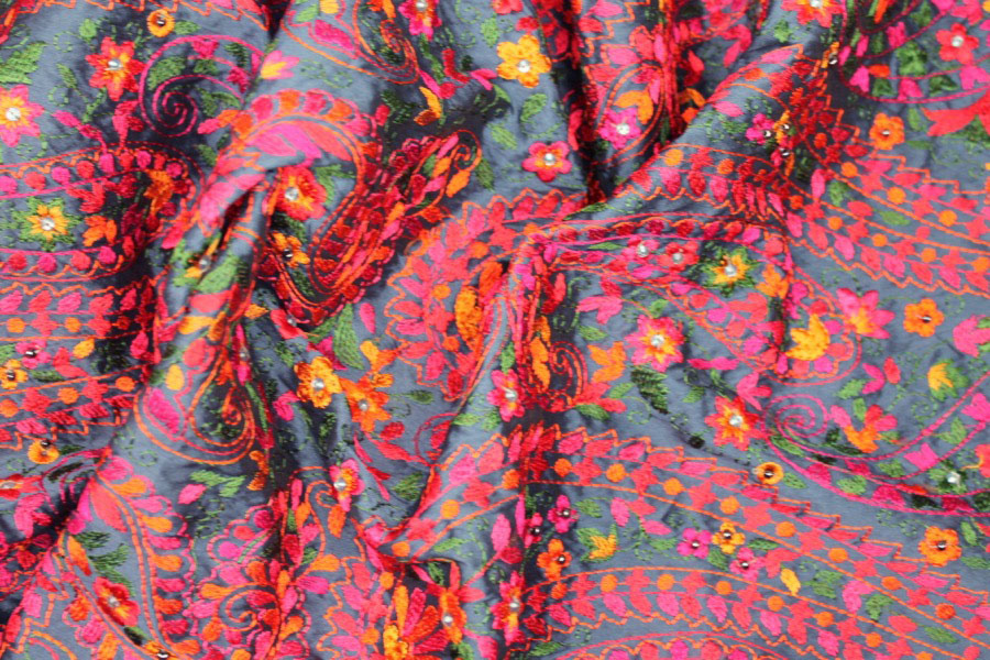 Embroidered Dupion - Multi Coloured on Blue fabric, image 5 of 8