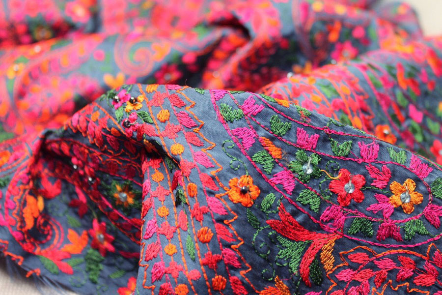 Embroidered Dupion - Multi Coloured on Blue fabric, image 6 of 8