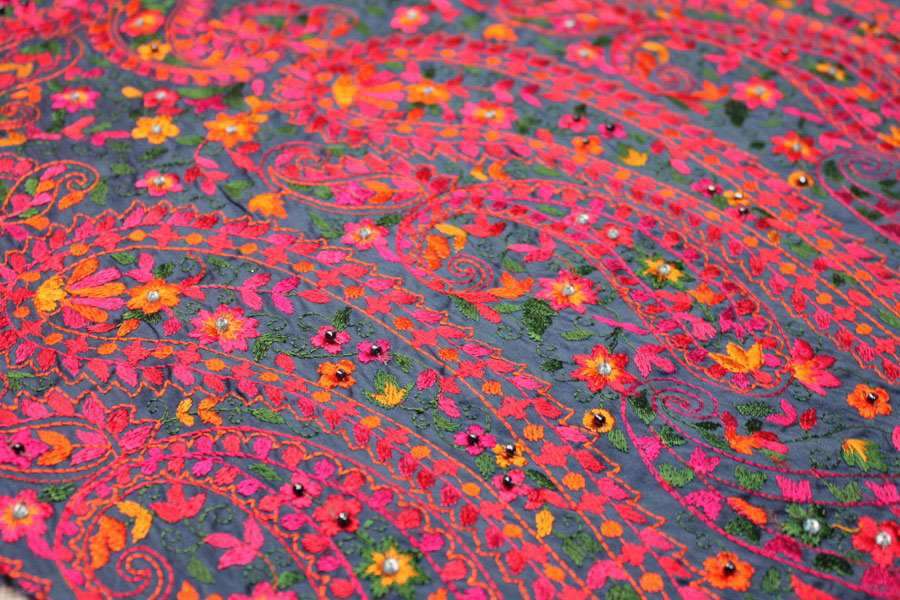 Embroidered Dupion - Multi Coloured on Blue fabric, image 7 of 8