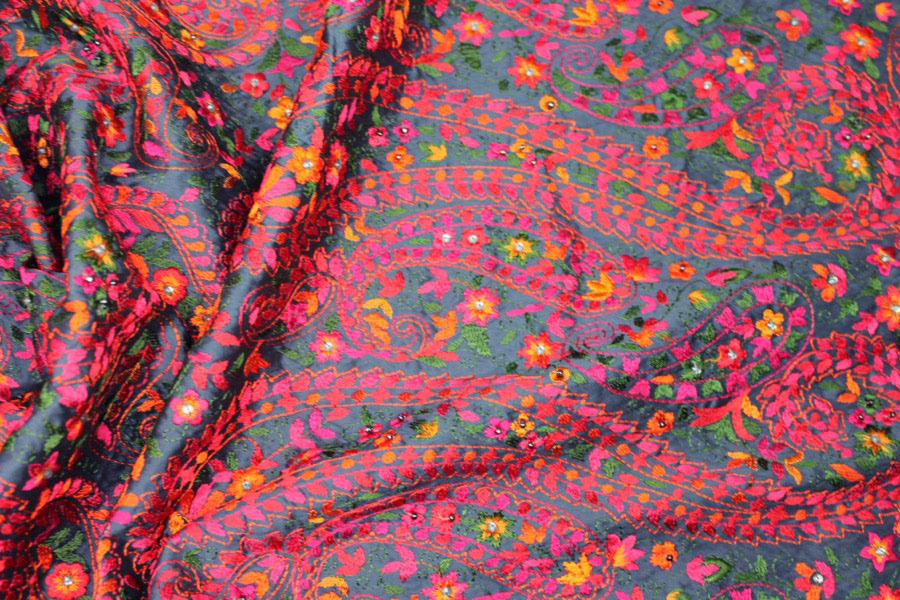Embroidered Dupion - Multi Coloured on Blue fabric, image 8 of 8