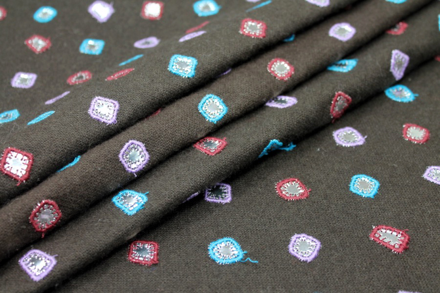 Embroidered Brown Wool with Mirrors fabric
