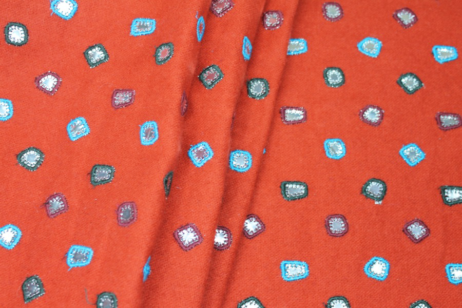 Embroidered Orange Wool with Mirrors fabric, image 5 of 7
