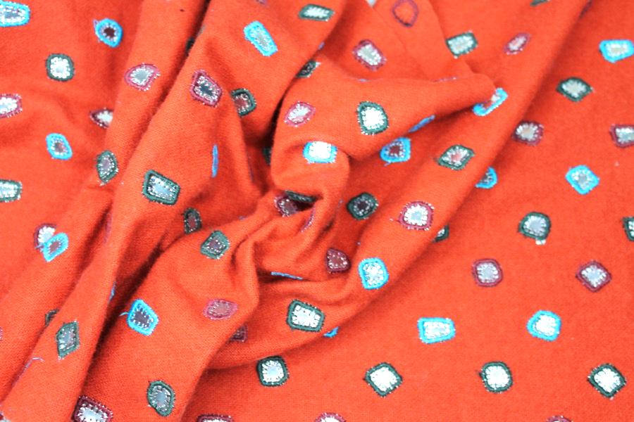 Embroidered Orange Wool with Mirrors fabric, image 3 of 7