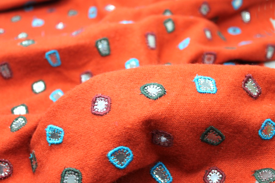 Embroidered Orange Wool with Mirrors fabric, image 7 of 7