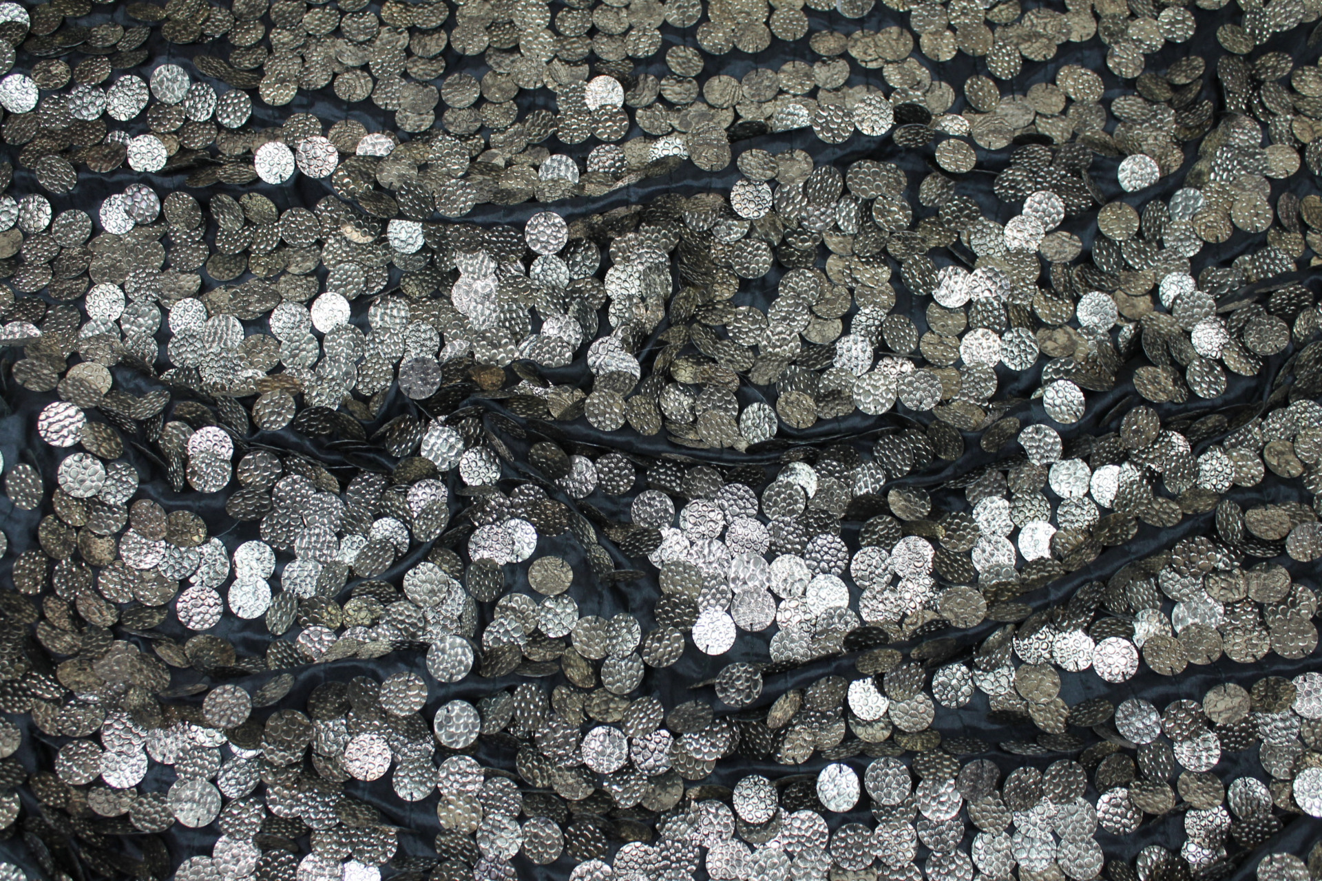 Textured Gold Disc Sequin On Black Silk Habotai fabric, image 5 of 6