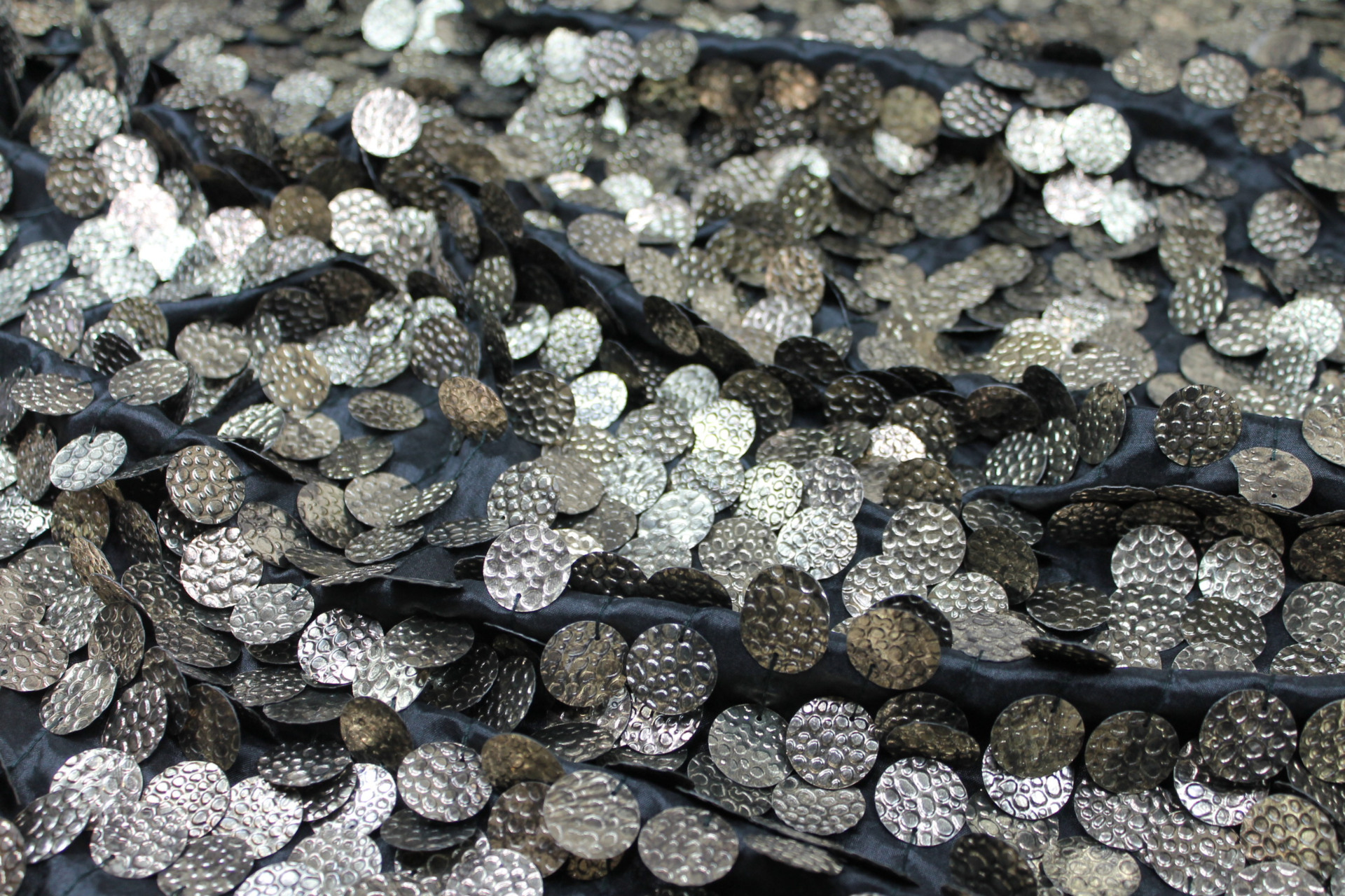 Textured Gold Disc Sequin On Black Silk Habotai fabric, image 2 of 6