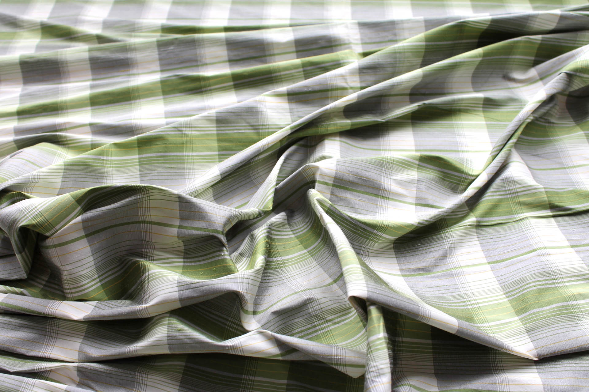 Tartan Check Silk Dupion - Cream, Green and Grey fabric, image 2 of 5