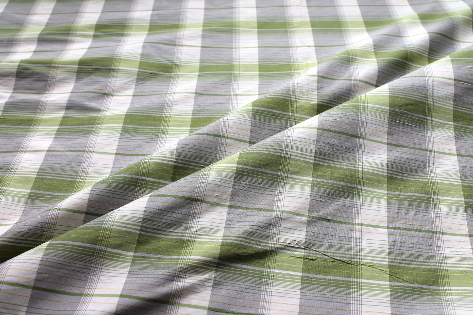 Tartan Check Silk Dupion - Cream, Green and Grey fabric, image 3 of 5