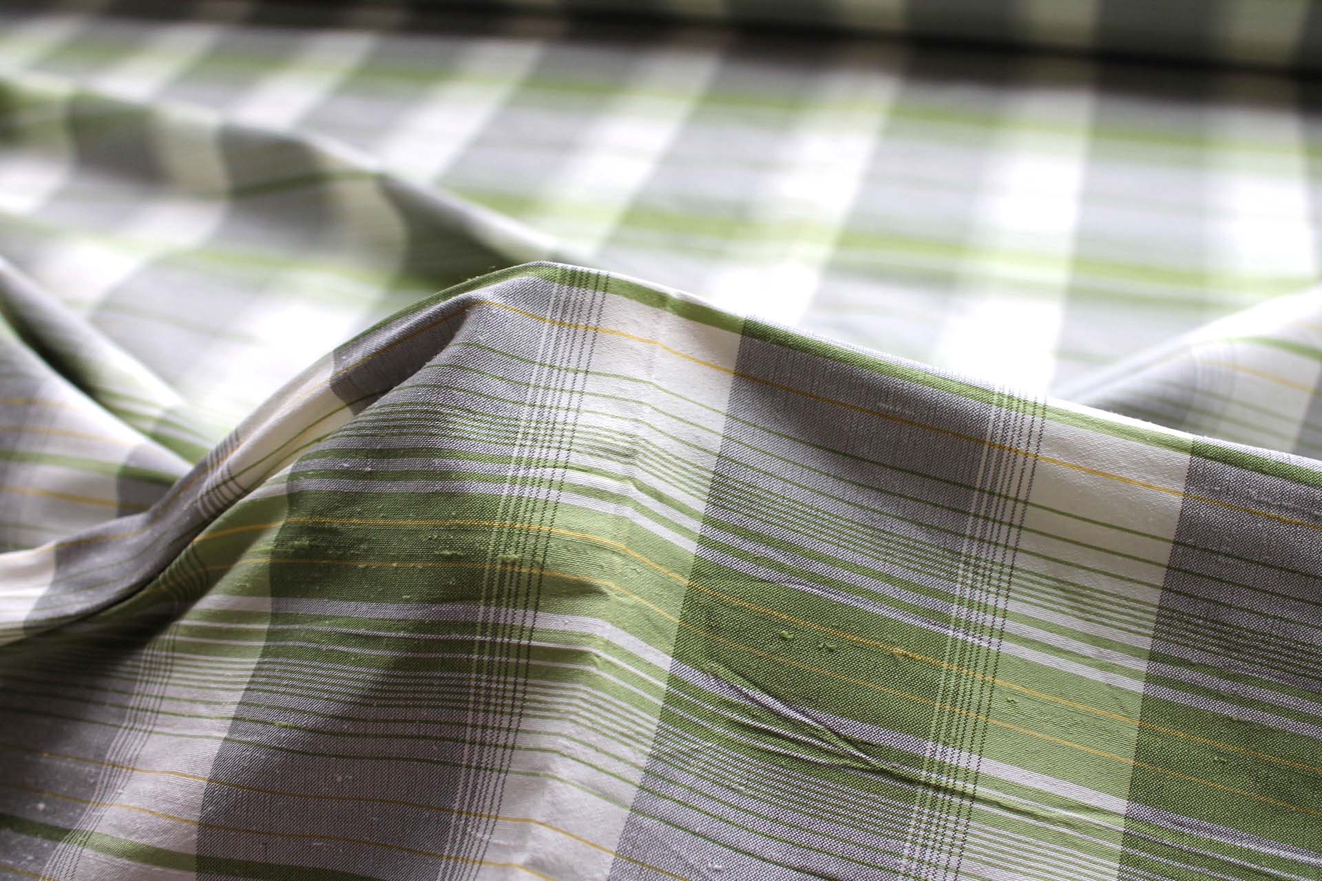 Tartan Check Silk Dupion - Cream, Green and Grey fabric, image 4 of 5