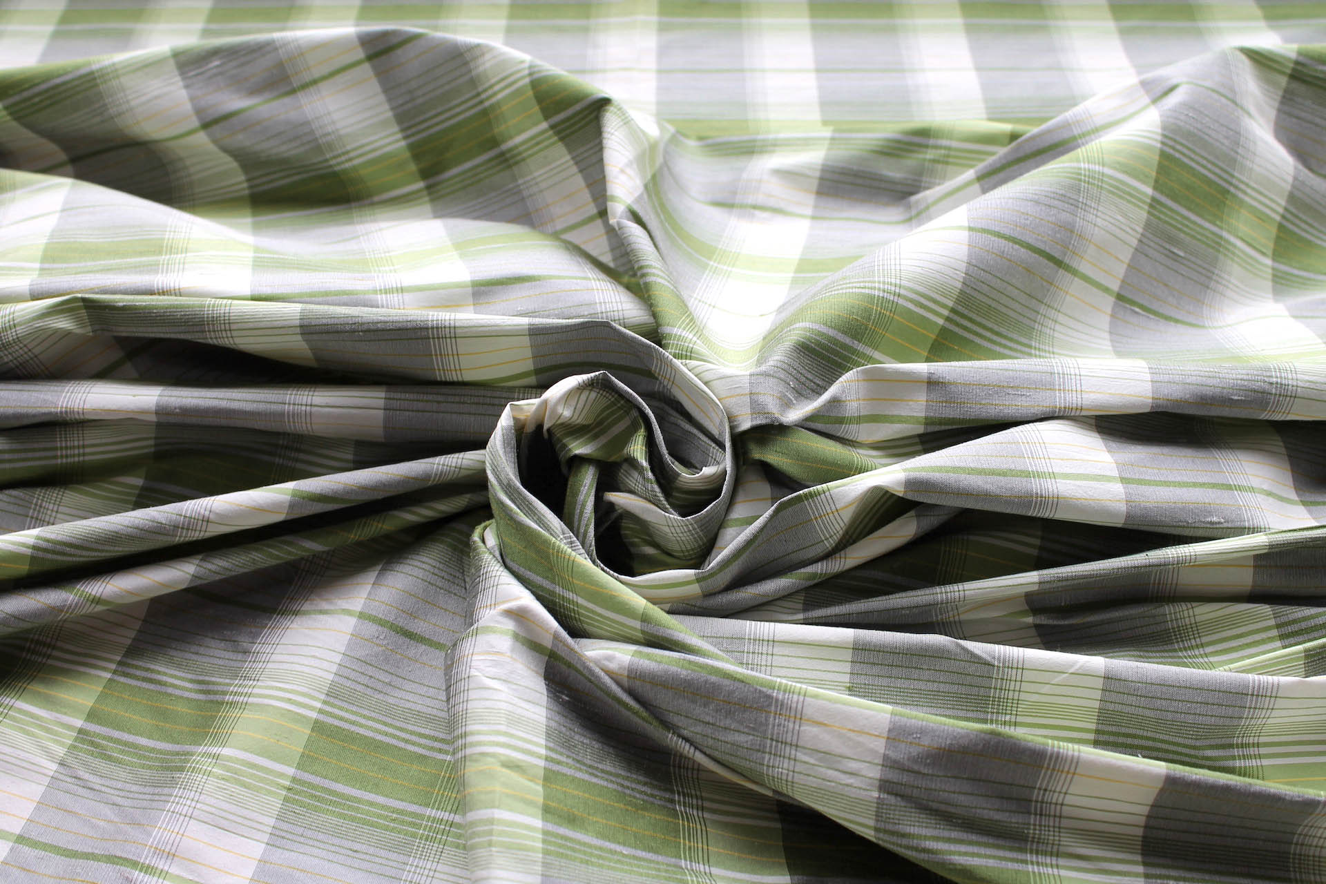 Tartan Check Silk Dupion - Cream, Green and Grey fabric