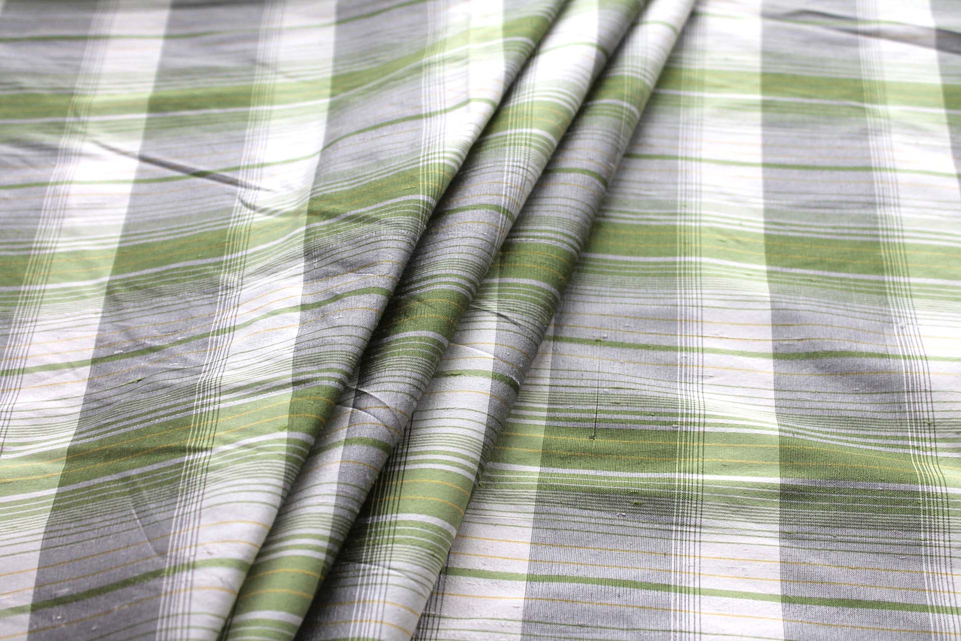 Tartan Check Silk Dupion - Cream, Green and Grey fabric, image 5 of 5