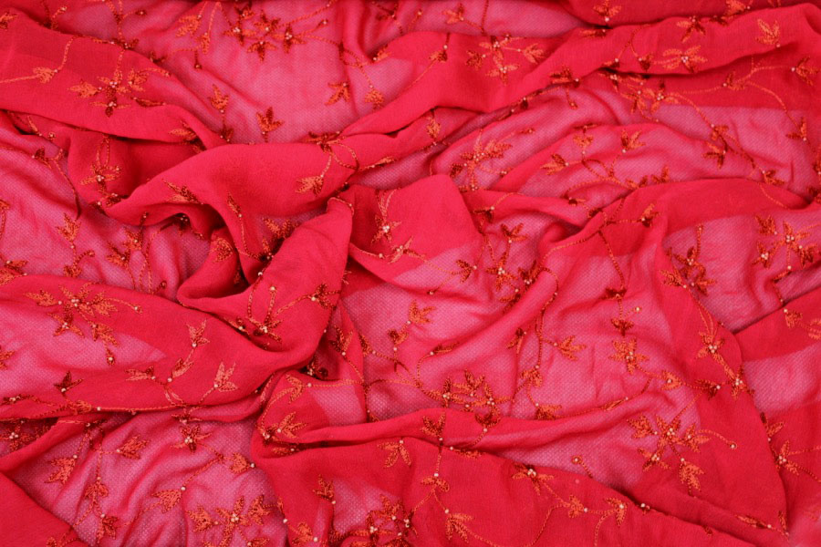 Red Floral Embroidered Silk Chiffon with Pearls fabric, image 6 of 7