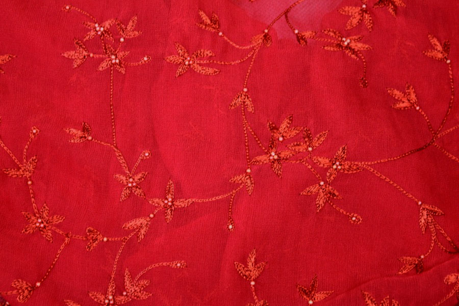 Red Floral Embroidered Silk Chiffon with Pearls fabric, image 2 of 7