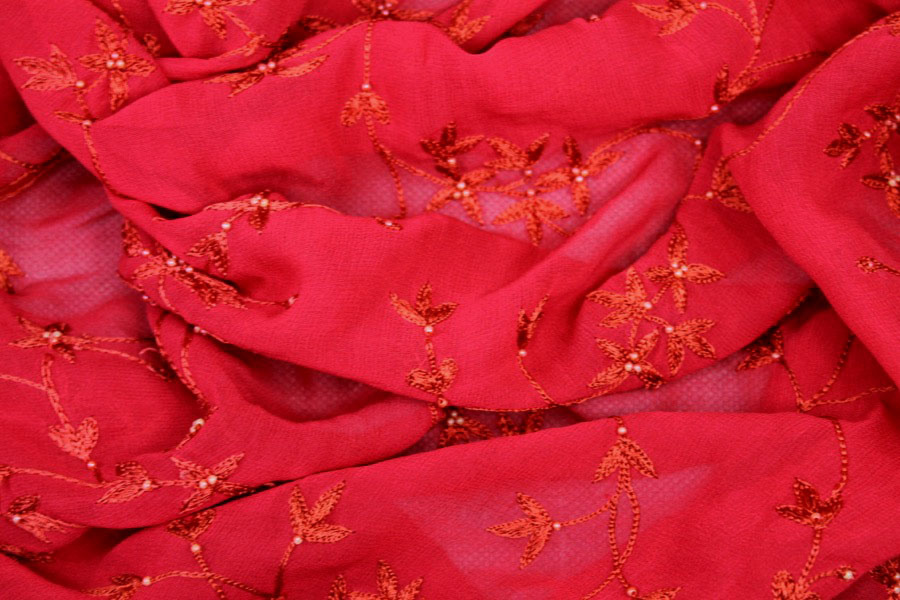 Red Floral Embroidered Silk Chiffon with Pearls fabric, image 4 of 7