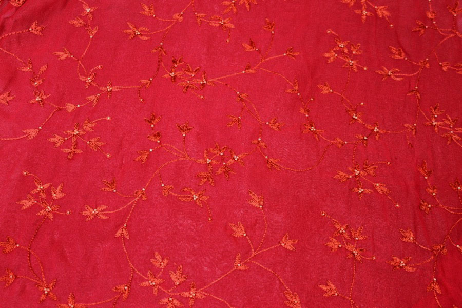 Red Floral Embroidered Silk Chiffon with Pearls fabric, image 7 of 7