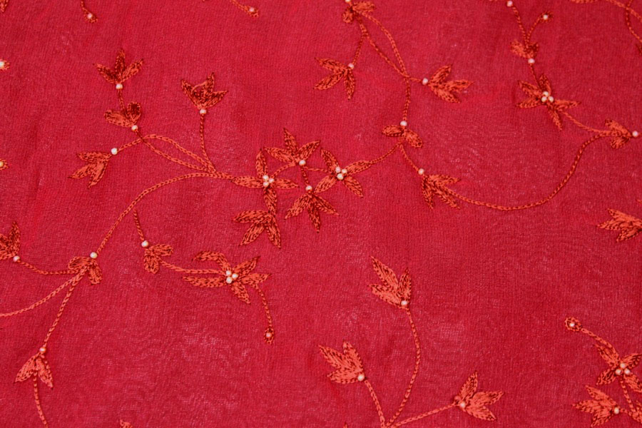 Red Floral Embroidered Silk Chiffon with Pearls fabric, image 5 of 7