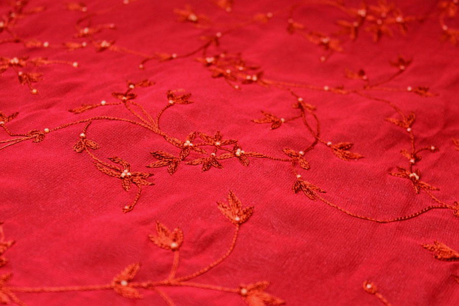 Red Floral Embroidered Silk Chiffon with Pearls fabric, image 3 of 7