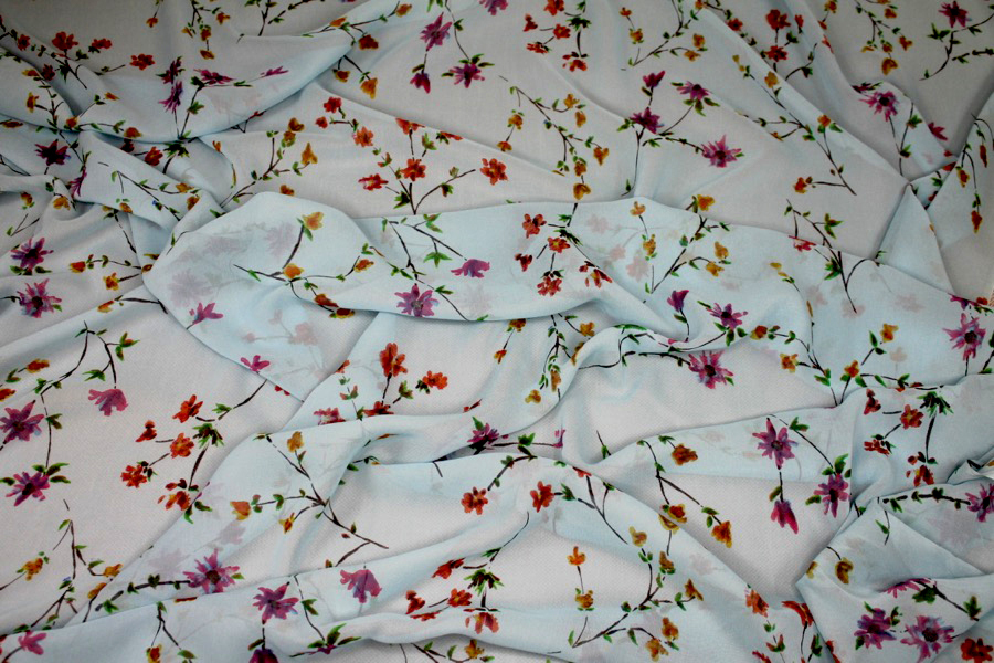 Floral Printed Silk Chiffon - Multi Colour on Pale Blue and Yellow fabric, image 4 of 8