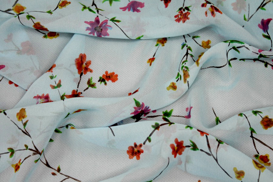 Floral Printed Silk Chiffon - Multi Colour on Pale Blue and Yellow fabric, image 3 of 8