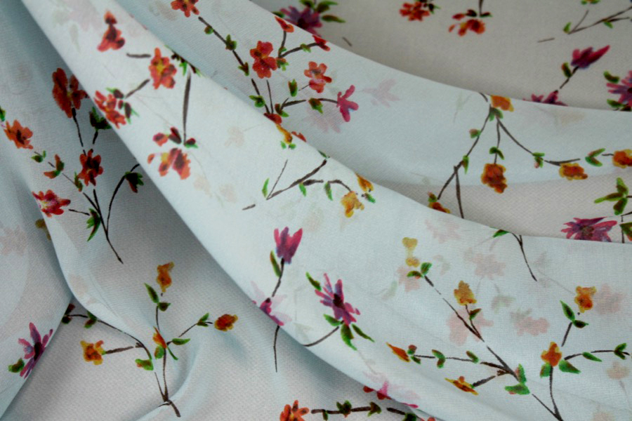 Floral Printed Silk Chiffon - Multi Colour on Pale Blue and Yellow fabric, image 2 of 8