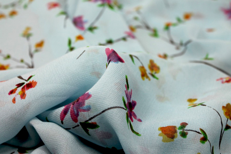 Floral Printed Silk Chiffon - Multi Colour on Pale Blue and Yellow fabric, image 5 of 8