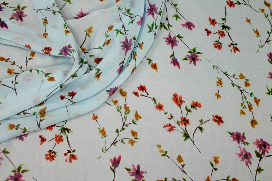 Floral Printed Silk Chiffon - Multi Colour on Pale Blue and Yellow fabric, image 6 of 8
