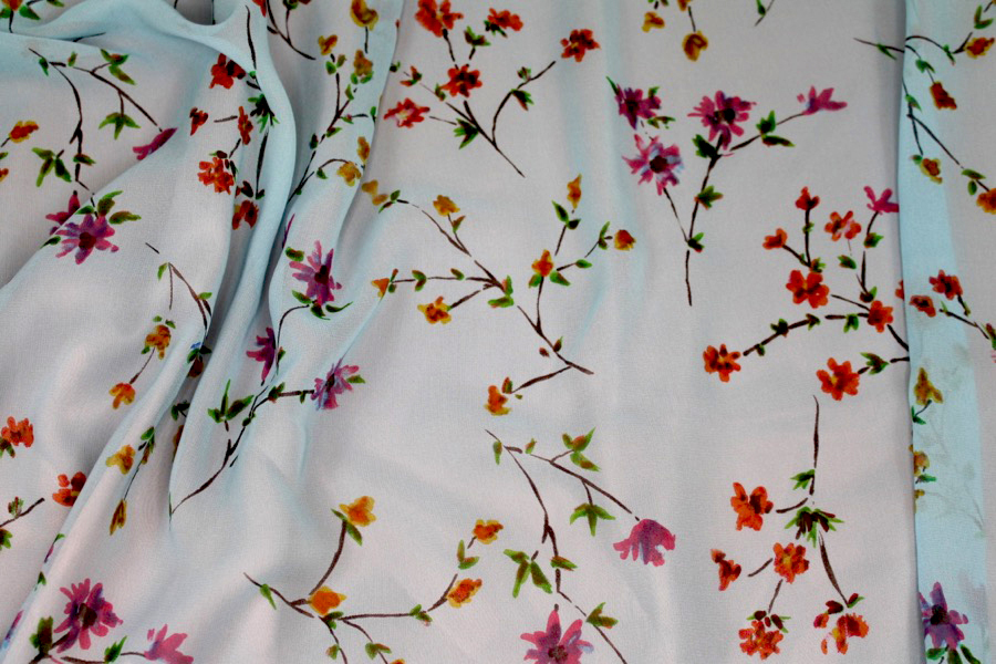 Floral Printed Silk Chiffon - Multi Colour on Pale Blue and Yellow fabric, image 7 of 8