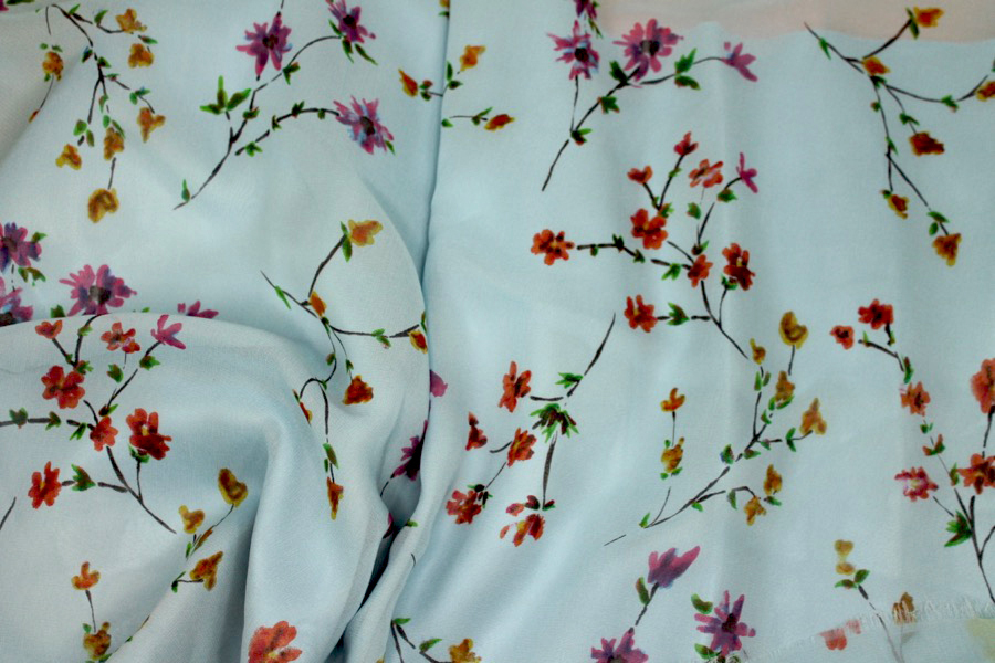 Floral Printed Silk Chiffon - Multi Colour on Pale Blue and Yellow fabric, image 8 of 8