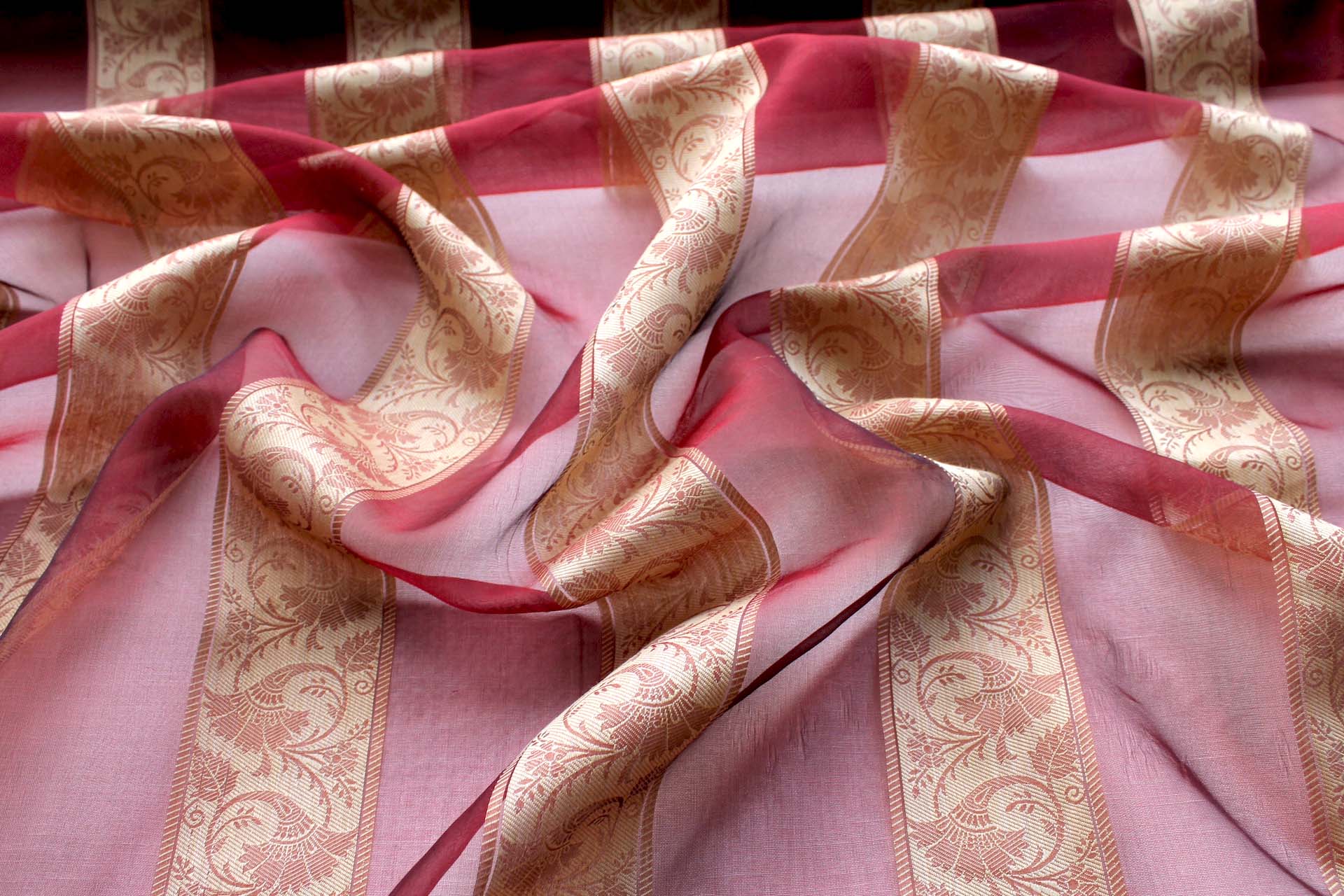 Jacquard Striped Silk Organza - Dark Red and Gold fabric, image 2 of 6
