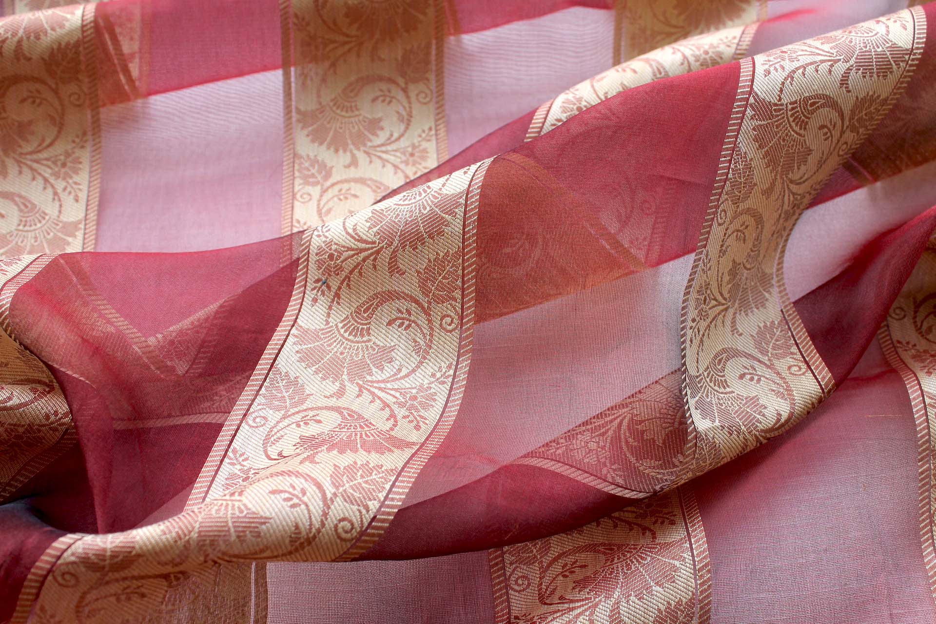 Jacquard Striped Silk Organza - Dark Red and Gold fabric