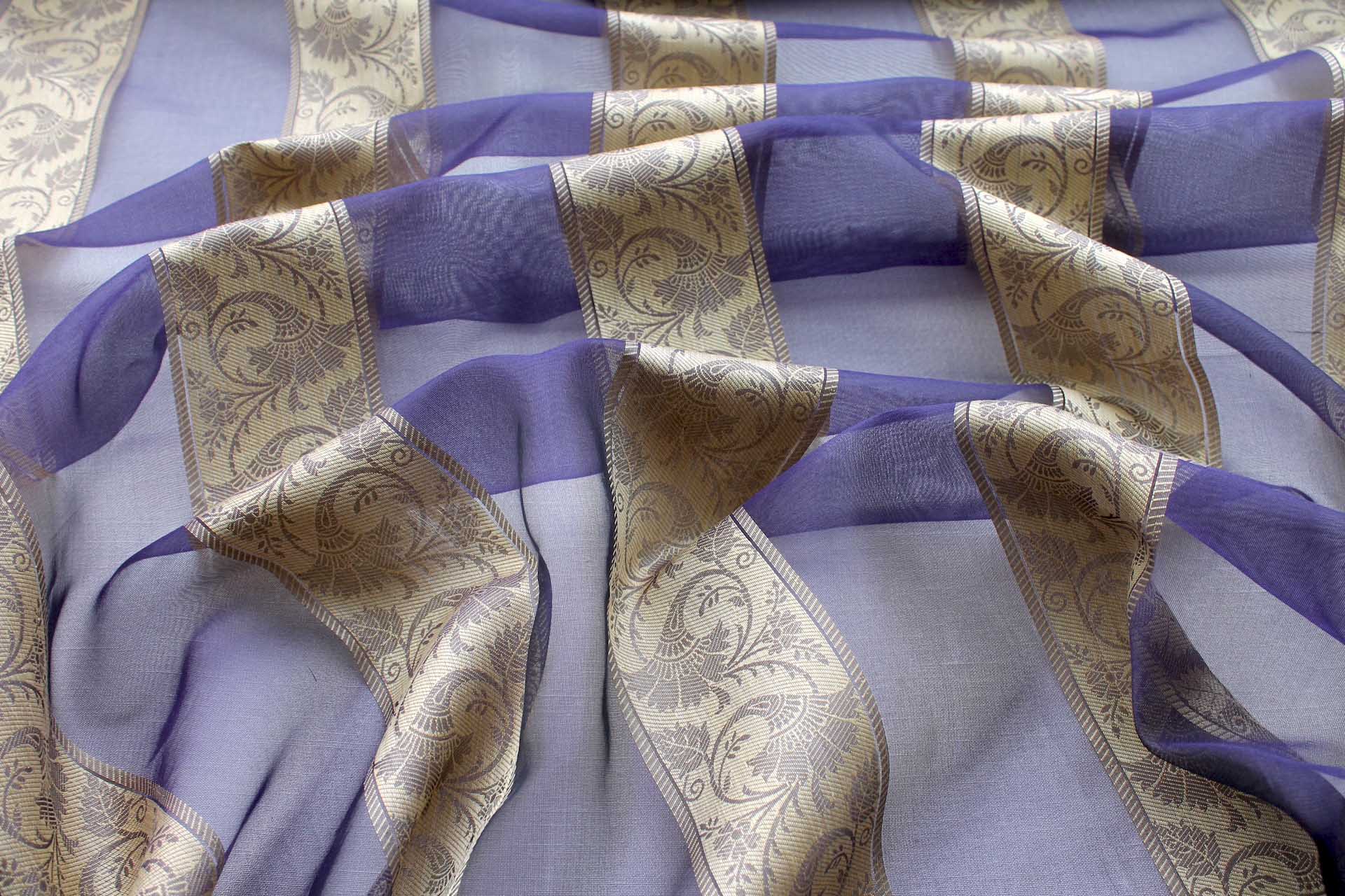 Jacquard Striped Silk Organza - Dark Navy and Gold fabric, image 2 of 5