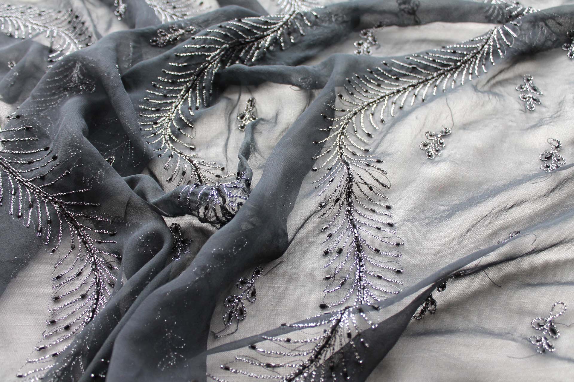 Black Chiffon with Black and Silver Embroidery and Black Beads fabric, image 4 of 6