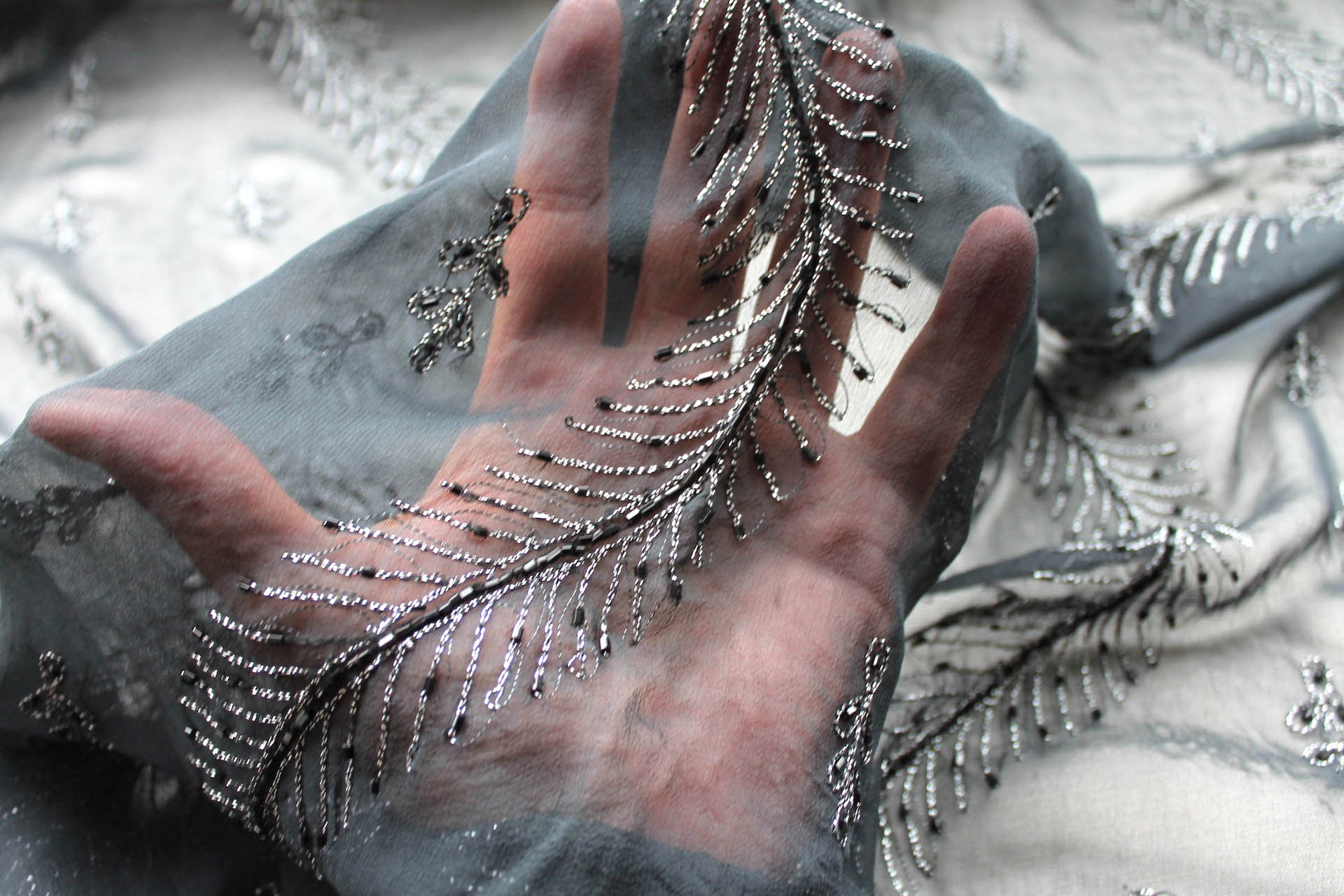 Black Chiffon with Black and Silver Embroidery and Black Beads fabric, image 5 of 6