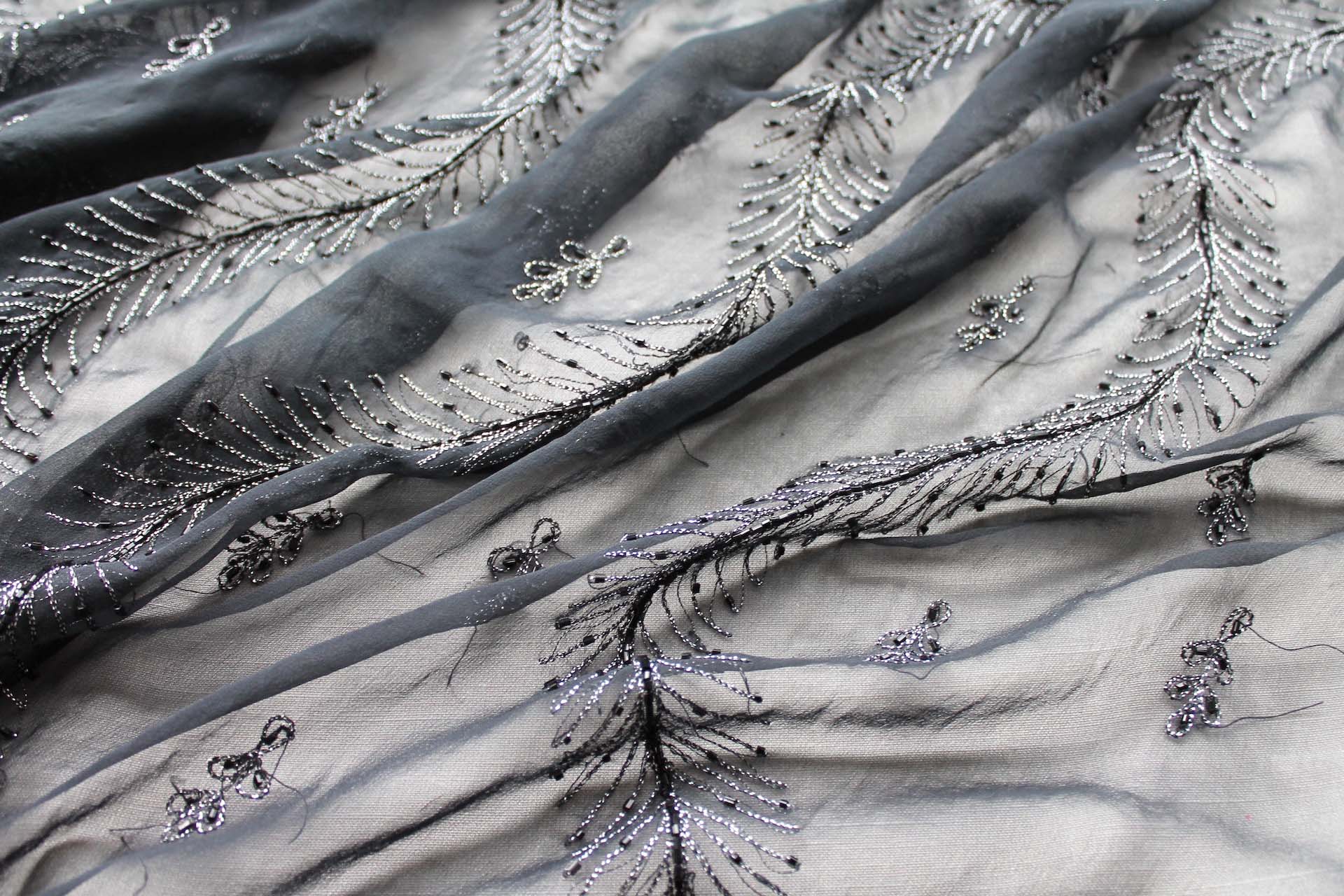 Black Chiffon with Black and Silver Embroidery and Black Beads fabric