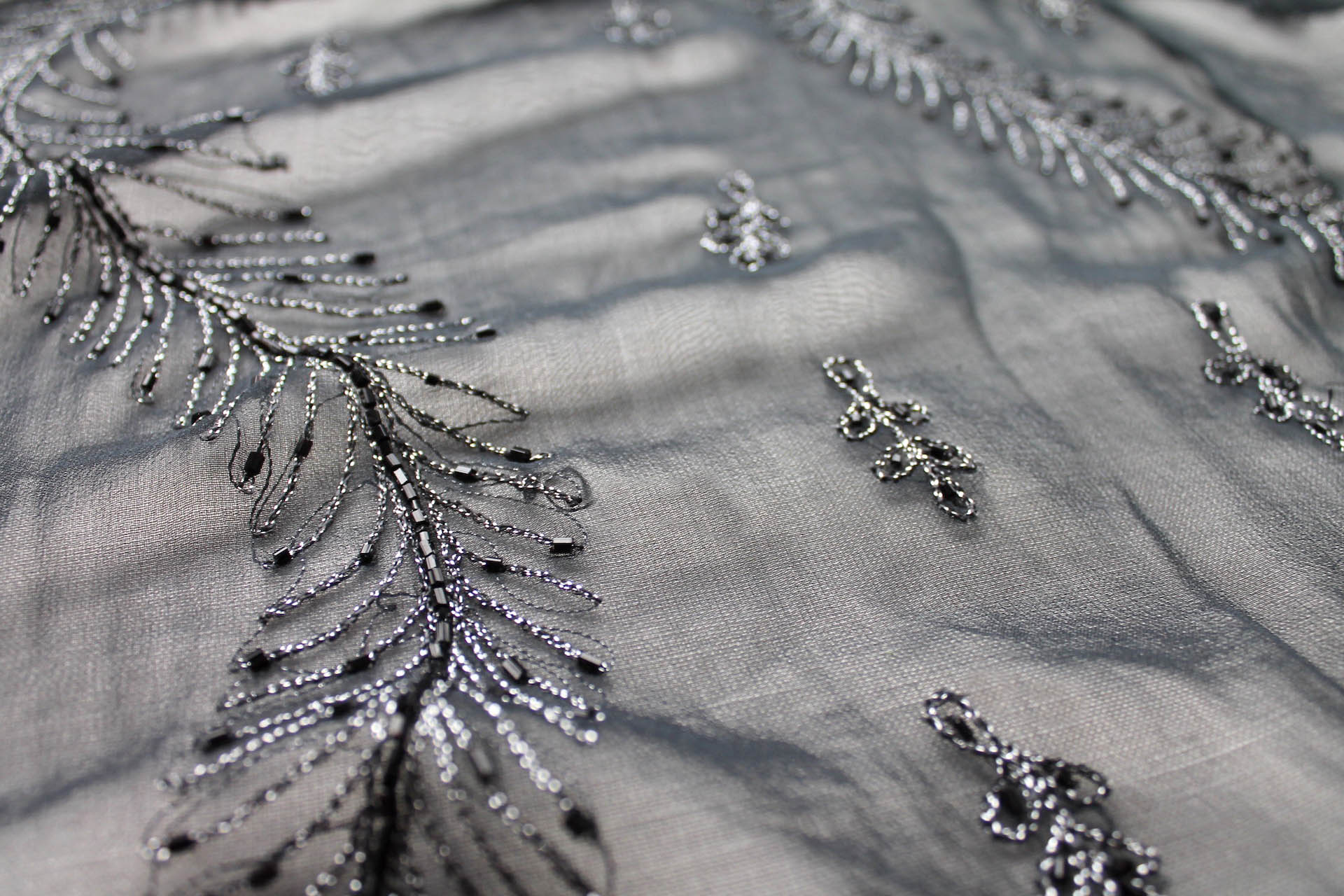 Black Chiffon with Black and Silver Embroidery and Black Beads fabric, image 6 of 6