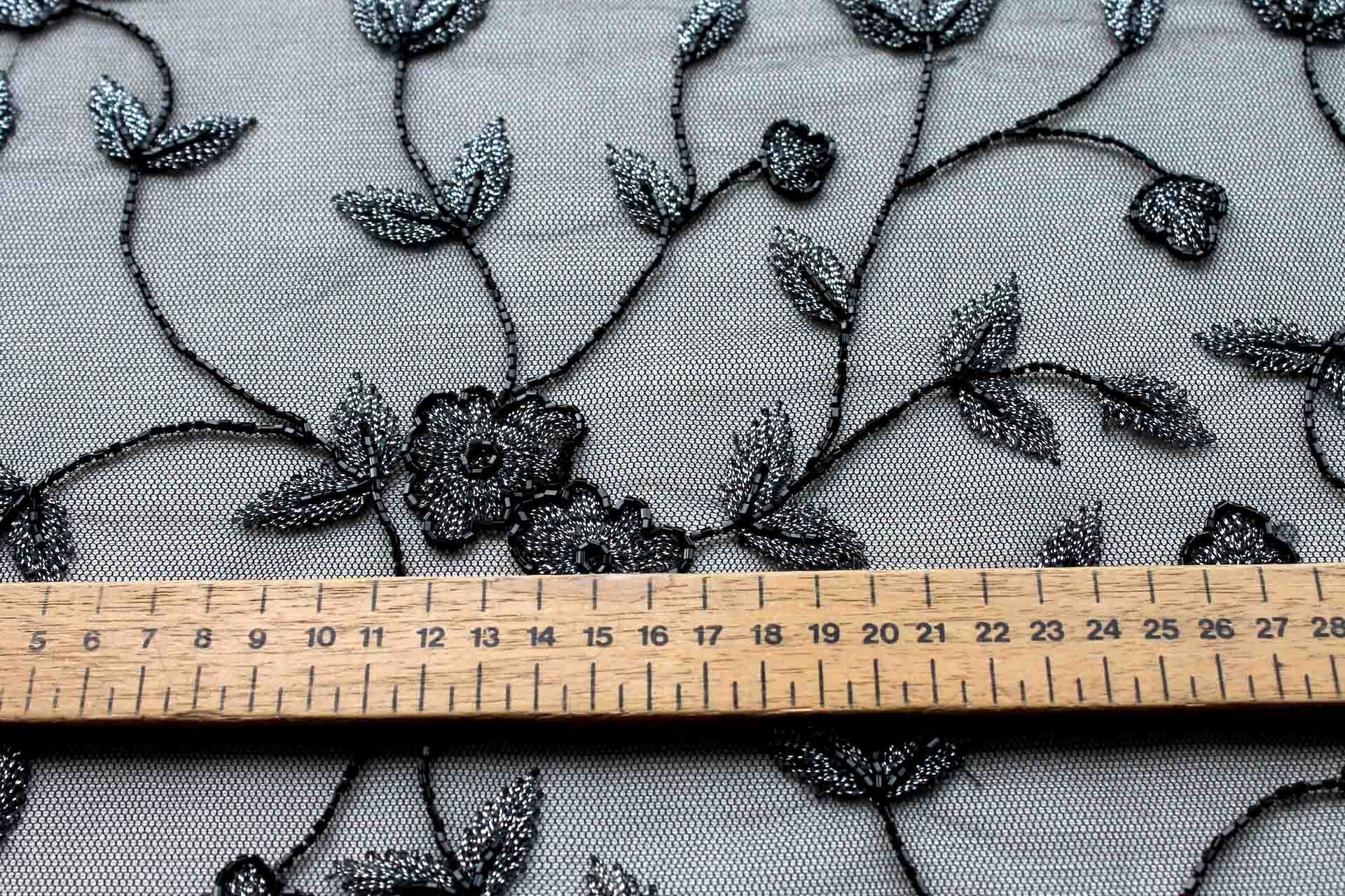 Black Floral Tulle with Silver Floral Embroidery fabric, image 2 of 5