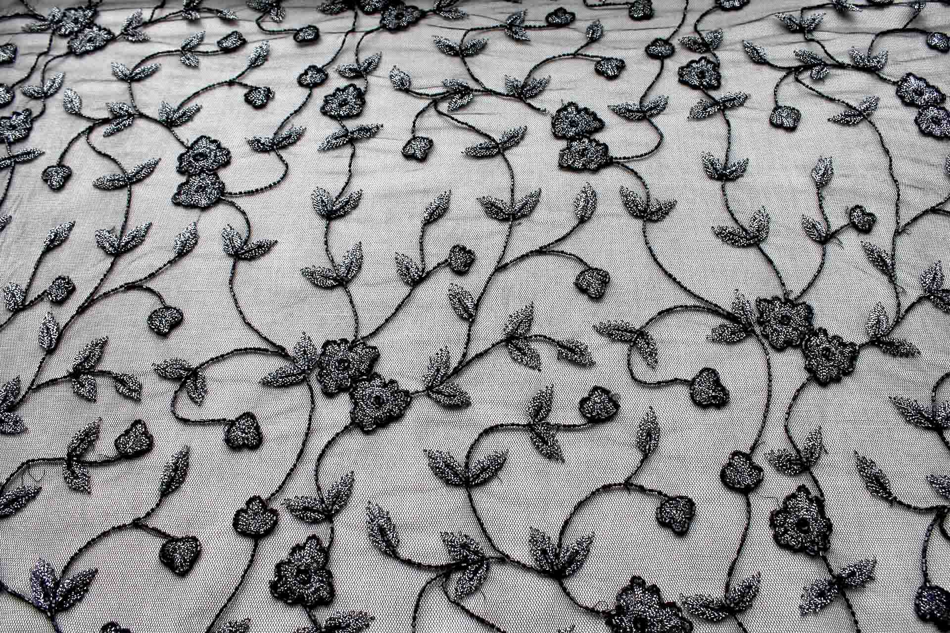 Black Floral Tulle with Silver Floral Embroidery fabric, image 3 of 5