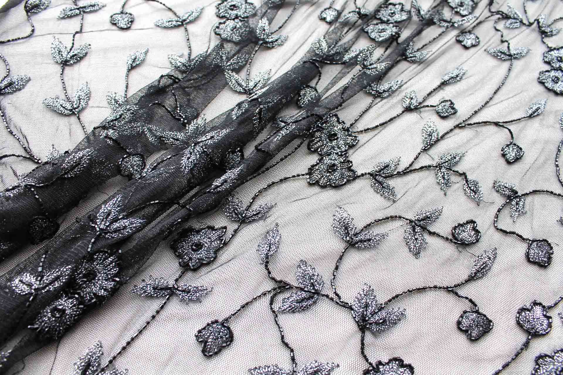 Black Floral Tulle with Silver Floral Embroidery fabric