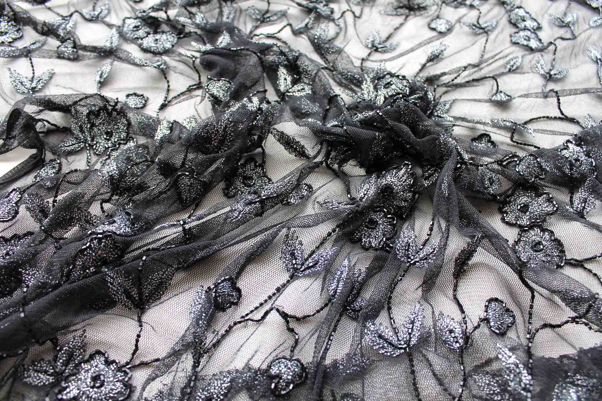 Black Floral Tulle with Silver Floral Embroidery fabric, image 4 of 5