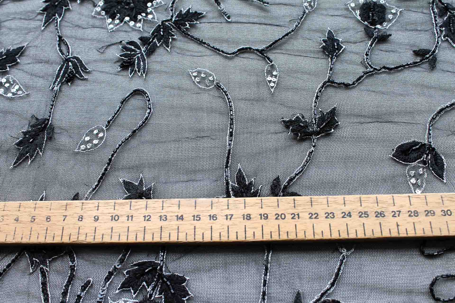 Black Floral Embroidered Tulle with Sequins and Beading fabric, image 2 of 6