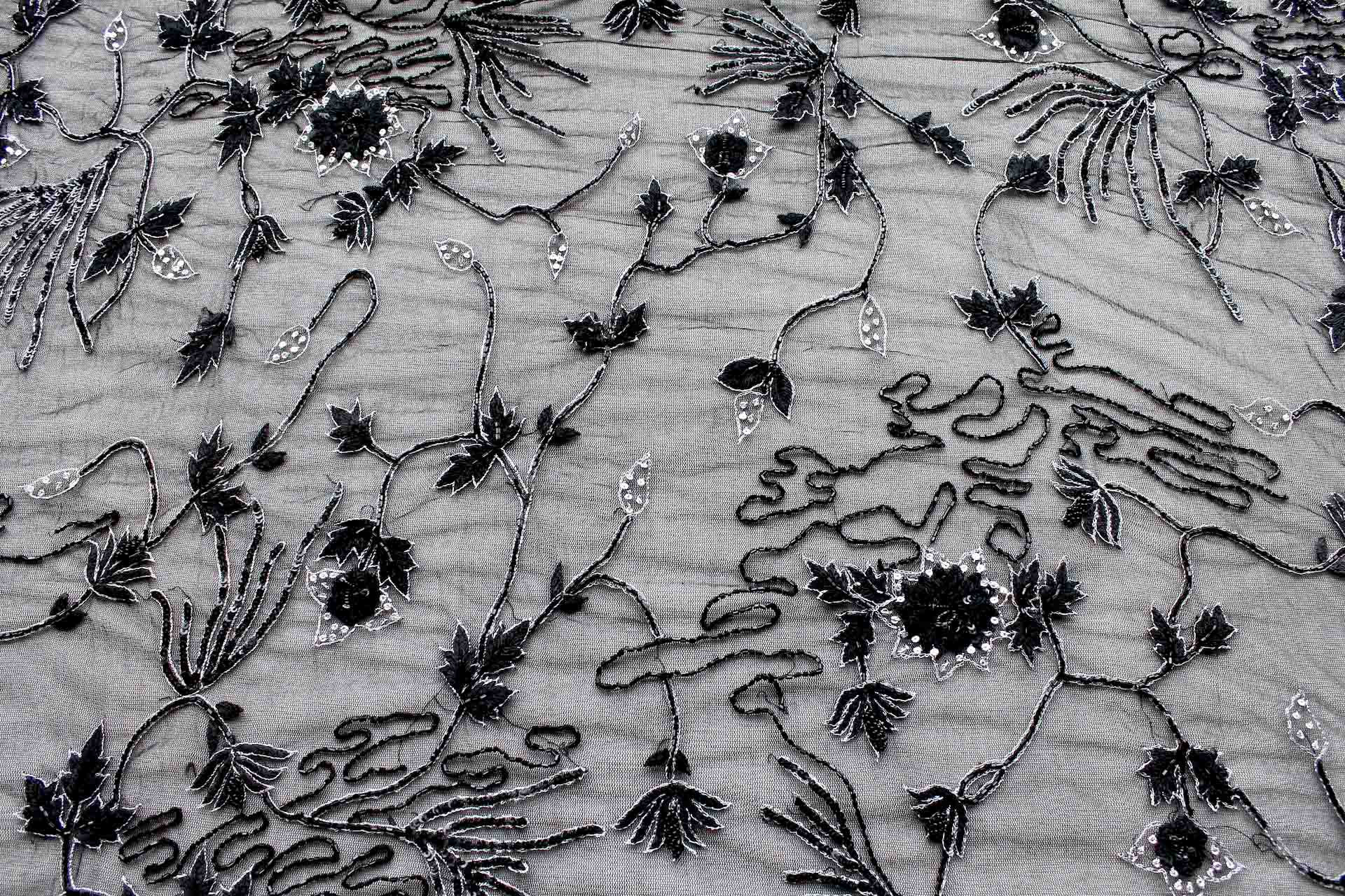 Black Floral Embroidered Tulle with Sequins and Beading fabric, image 3 of 6