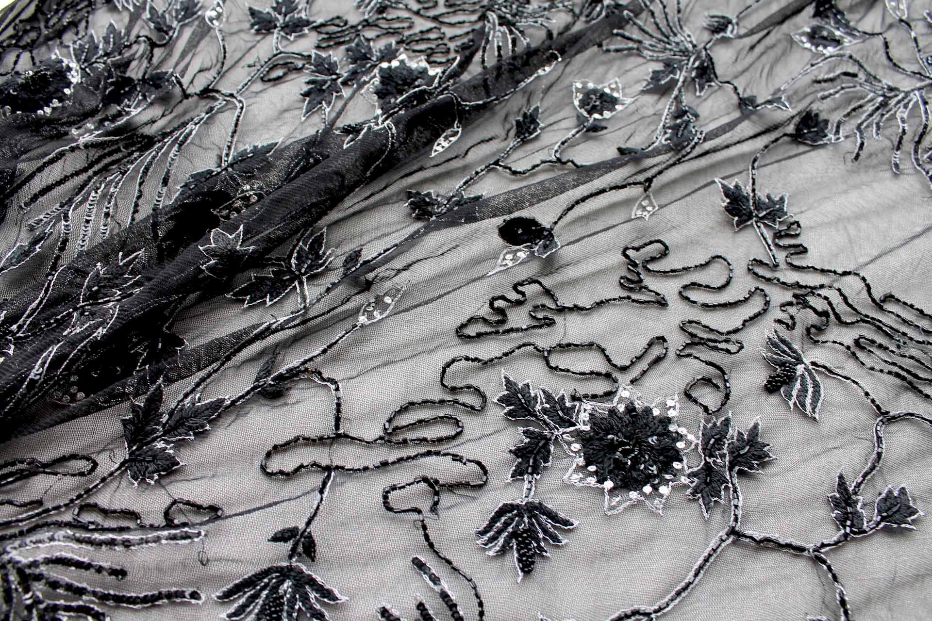Black Floral Embroidered Tulle with Sequins and Beading fabric