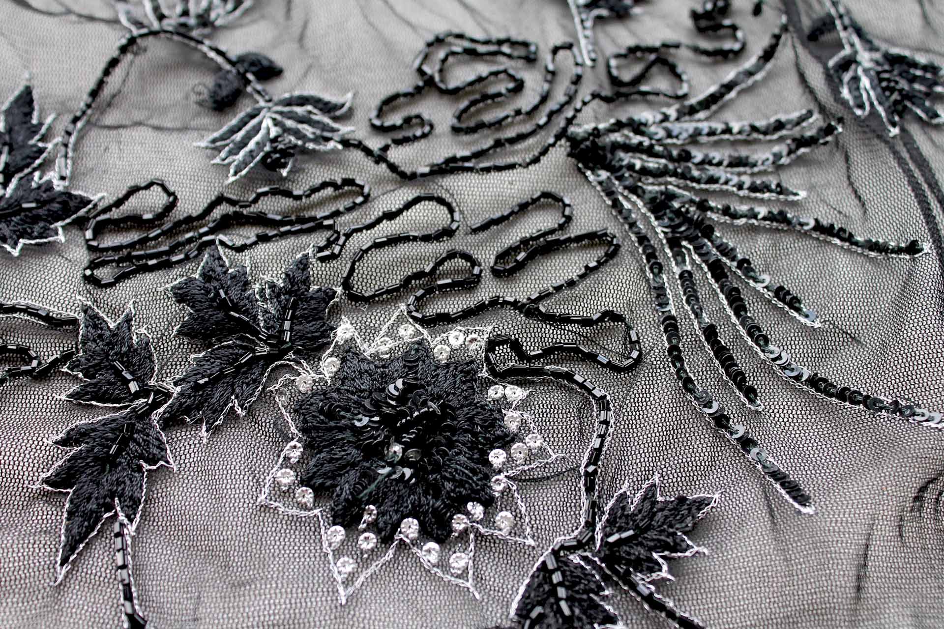 Black Floral Embroidered Tulle with Sequins and Beading fabric, image 5 of 6