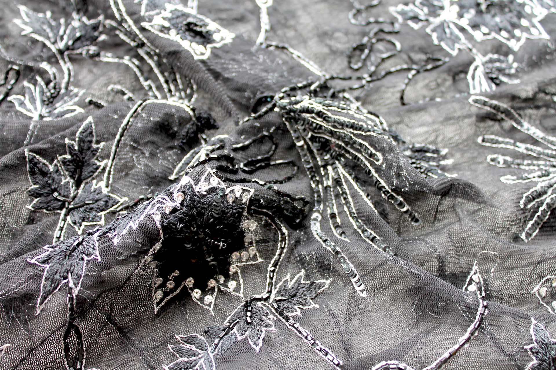Black Floral Embroidered Tulle with Sequins and Beading fabric, image 6 of 6