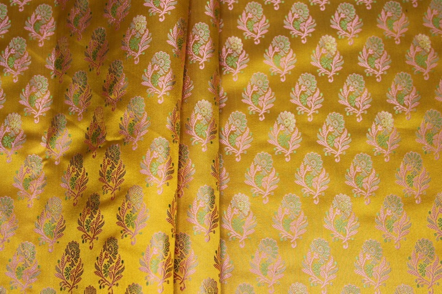 Soft Banaras Brocade - Saffron Yellow, Pink and Green fabric, image 2 of 5