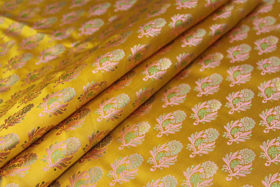 Soft Banaras Brocade - Saffron Yellow, Pink and Green fabric
